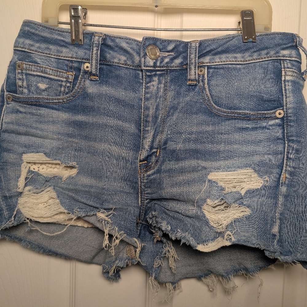 American Eagle Hi-Rise Shortie Micro Super Stretch Distressed Denim Shorts Sz 8